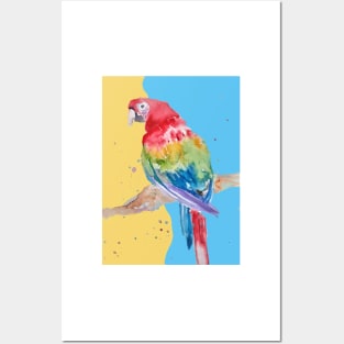 Parrot Watercolor Painting Macaw - on blue and yellow Posters and Art